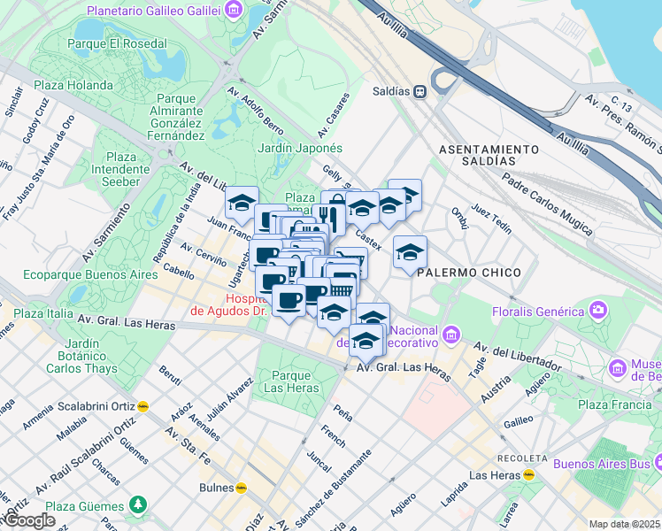 map of restaurants, bars, coffee shops, grocery stores, and more near 2568 Avenida del Libertador in Buenos Aires