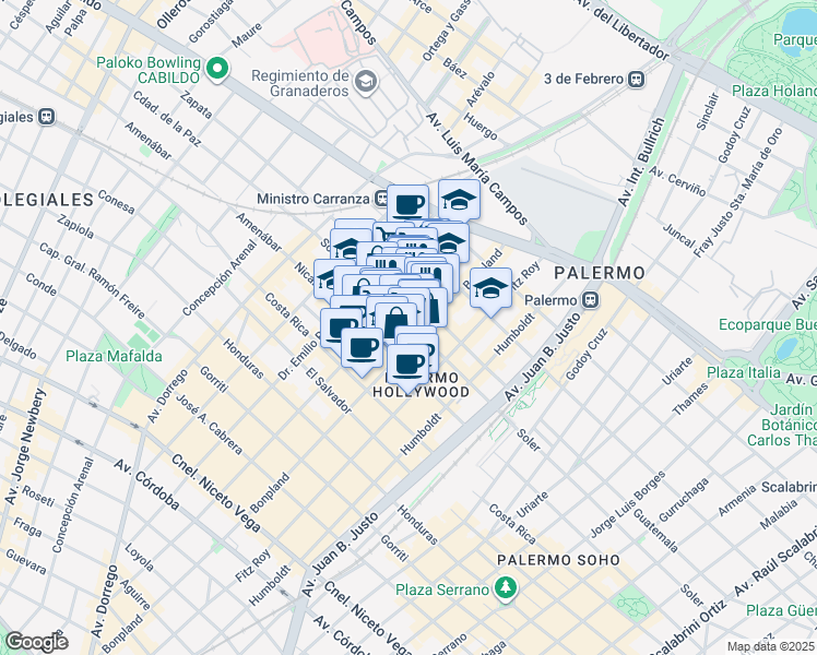 map of restaurants, bars, coffee shops, grocery stores, and more near 5730 Soler in Buenos Aires