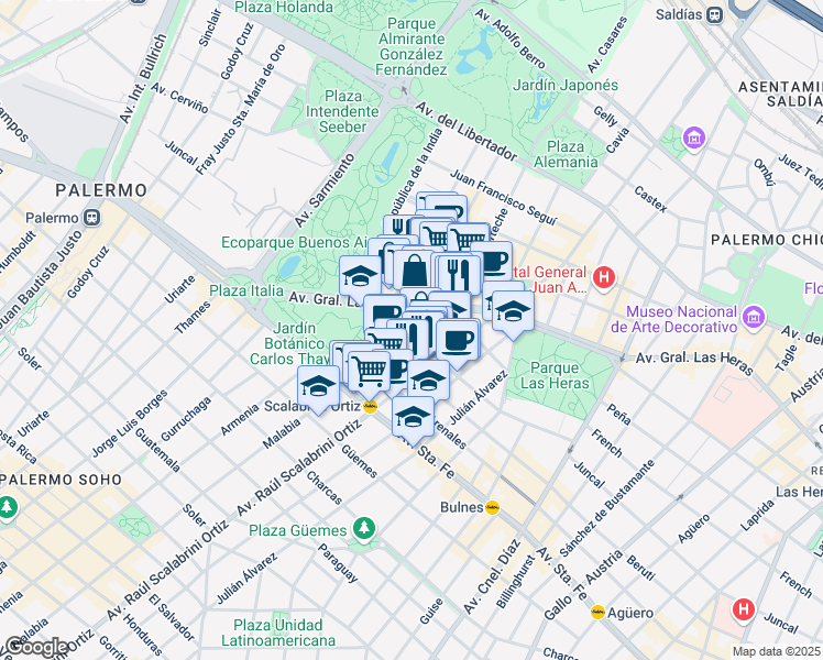 map of restaurants, bars, coffee shops, grocery stores, and more near 4790 Juncal in Comuna 14