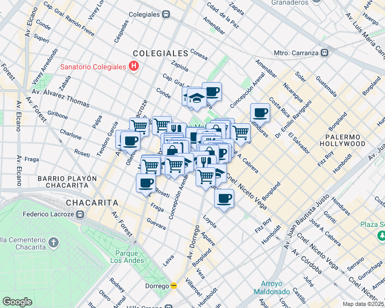 map of restaurants, bars, coffee shops, grocery stores, and more near 148 Avenida Álvarez Thomas in Comuna 15