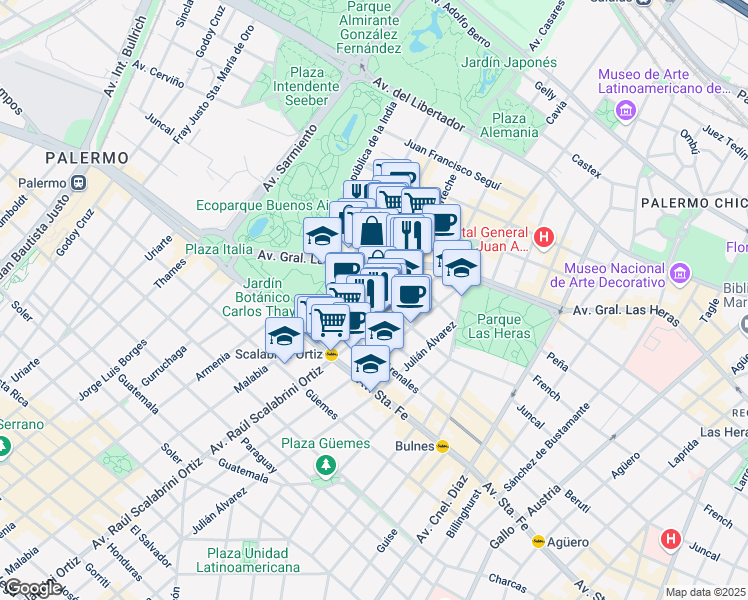 map of restaurants, bars, coffee shops, grocery stores, and more near 4790 Juncal in Comuna 14