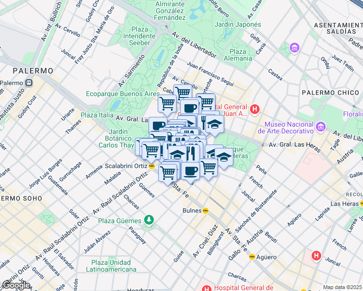 map of restaurants, bars, coffee shops, grocery stores, and more near 2798 Avenida Raúl Scalabrini Ortiz in Buenos Aires