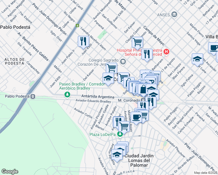 map of restaurants, bars, coffee shops, grocery stores, and more near 7216 Las Malvinas in Martín Coronado