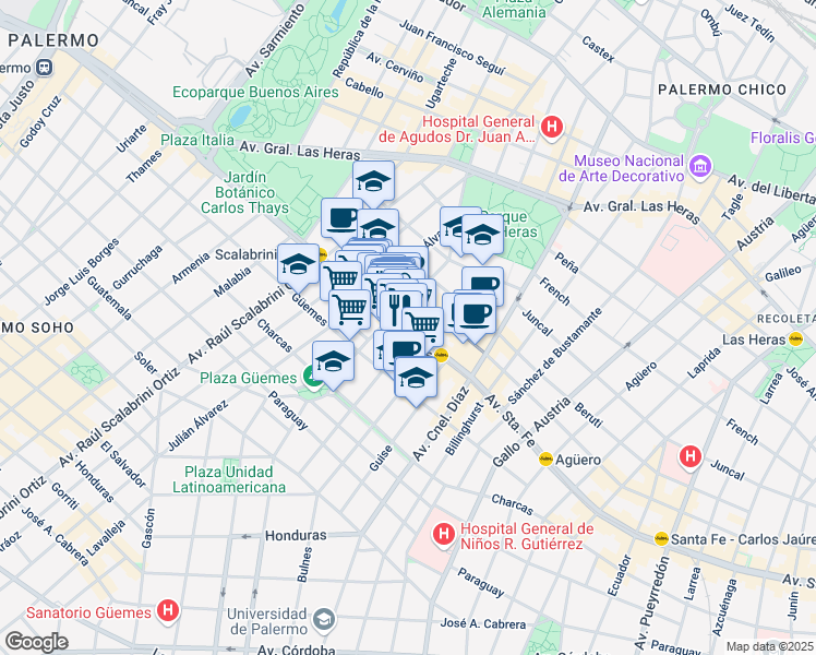 map of restaurants, bars, coffee shops, grocery stores, and more near 3365 Avenida Santa Fe in Buenos Aires