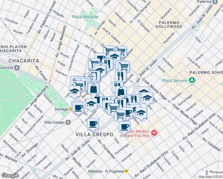 map of restaurants, bars, coffee shops, grocery stores, and more near 1350 Loyola in Buenos Aires