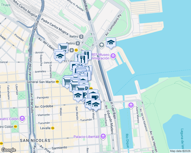 map of restaurants, bars, coffee shops, grocery stores, and more near 1150 Avenida Eduardo Madero in Buenos Aires