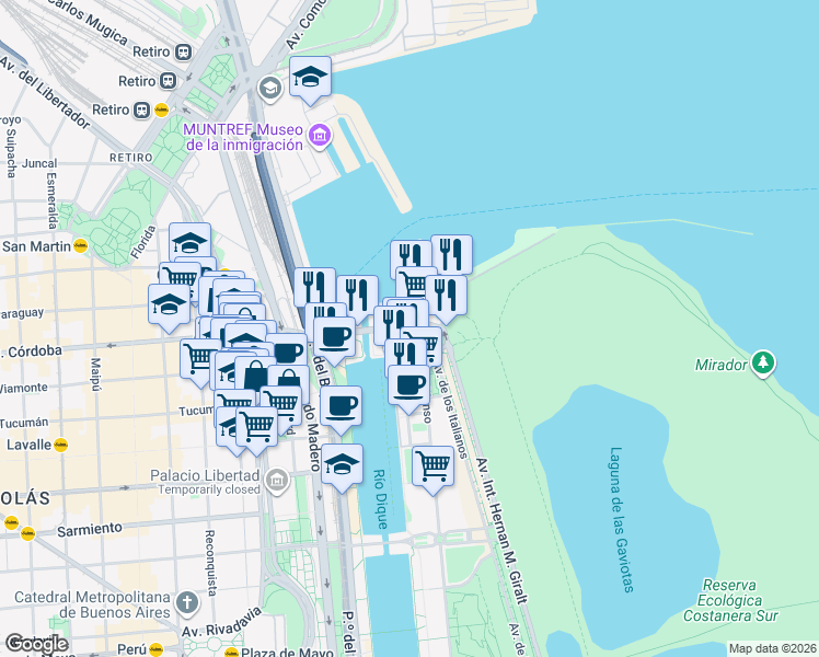 map of restaurants, bars, coffee shops, grocery stores, and more near 355 Cecilia Grierson in Comuna 1