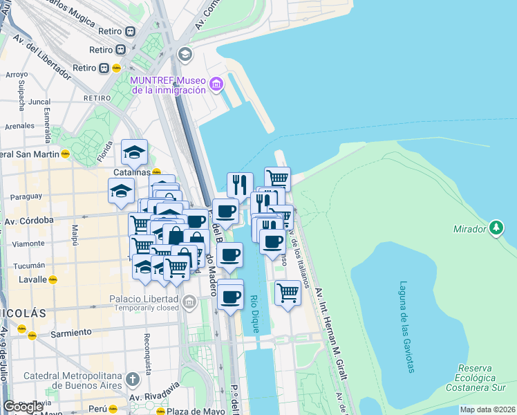 map of restaurants, bars, coffee shops, grocery stores, and more near 255 Cecilia Grierson in Comuna 1