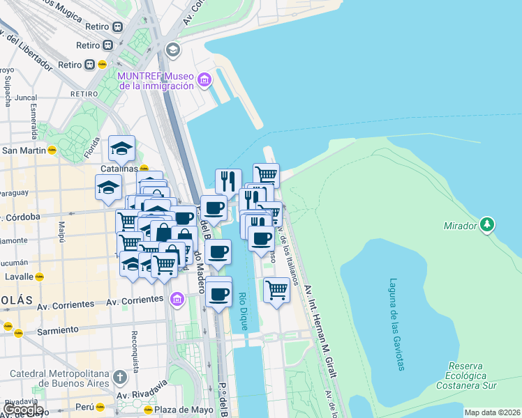 map of restaurants, bars, coffee shops, grocery stores, and more near 355 Cecilia Grierson in Comuna 1
