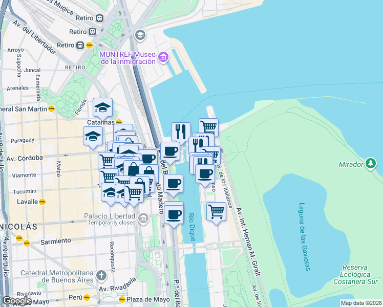 map of restaurants, bars, coffee shops, grocery stores, and more near 255 Cecilia Grierson in Comuna 1