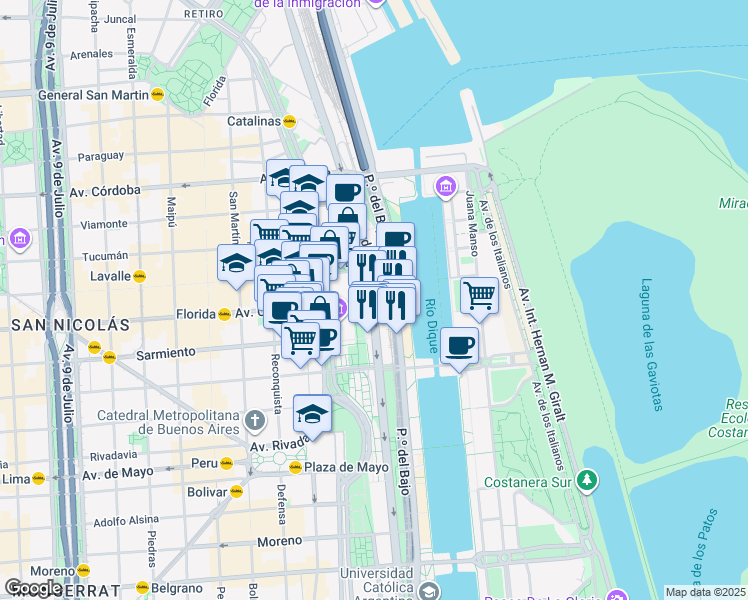map of restaurants, bars, coffee shops, grocery stores, and more near 401 Avenida Eduardo Madero in Buenos Aires