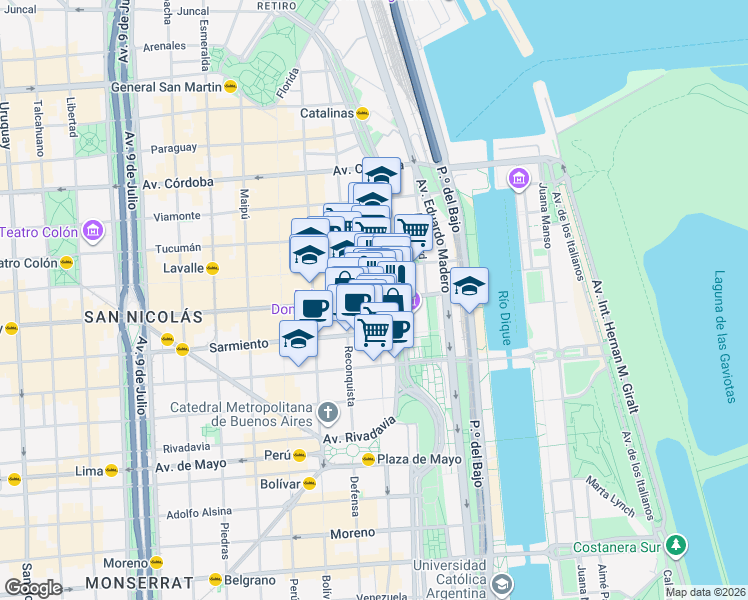 map of restaurants, bars, coffee shops, grocery stores, and more near 316 Avenida Corrientes in Comuna 1