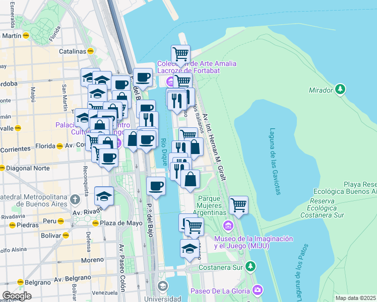 map of restaurants, bars, coffee shops, grocery stores, and more near 555 Juana Manso in Buenos Aires