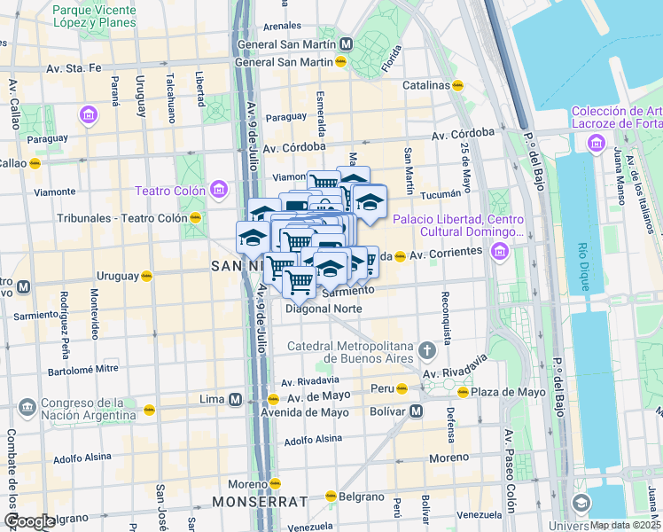 map of restaurants, bars, coffee shops, grocery stores, and more near 800 Avenida Corrientes in Comuna 1
