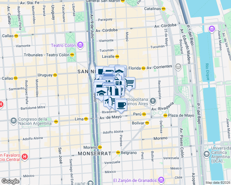 map of restaurants, bars, coffee shops, grocery stores, and more near 830 Teniente General Juan Domingo Perón in San Nicolas