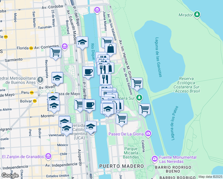 map of restaurants, bars, coffee shops, grocery stores, and more near 909 Juana Manso in Buenos Aires
