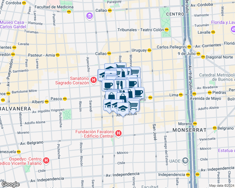 map of restaurants, bars, coffee shops, grocery stores, and more near 1745 Avenida Rivadavia in AAH