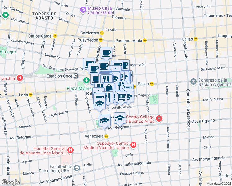 map of restaurants, bars, coffee shops, grocery stores, and more near 57 Saavedra in Comuna 3
