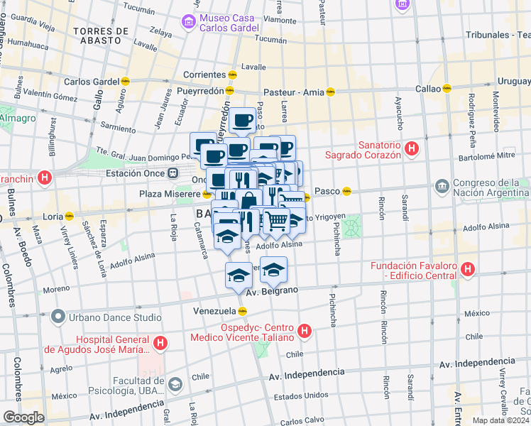 map of restaurants, bars, coffee shops, grocery stores, and more near 57 Saavedra in Comuna 3