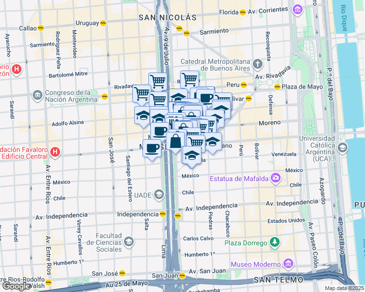 map of restaurants, bars, coffee shops, grocery stores, and more near 955 Avenida Belgrano in Comuna 1