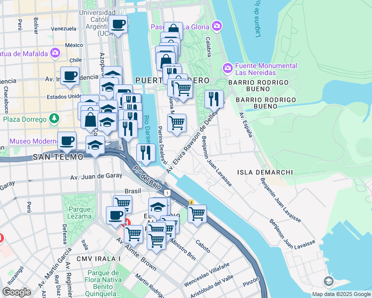 map of restaurants, bars, coffee shops, grocery stores, and more near Avenida Elvira Rawson de Dellepiane in Buenos Aires