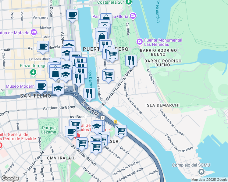 map of restaurants, bars, coffee shops, grocery stores, and more near Avenida Elvira Rawson de Dellepiane in Buenos Aires