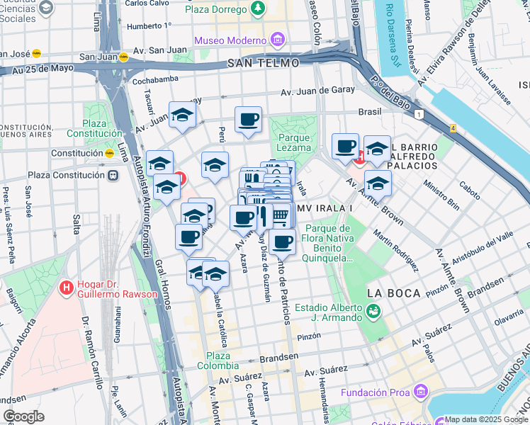 map of restaurants, bars, coffee shops, grocery stores, and more near 464 Avenida Martín García in Buenos Aires