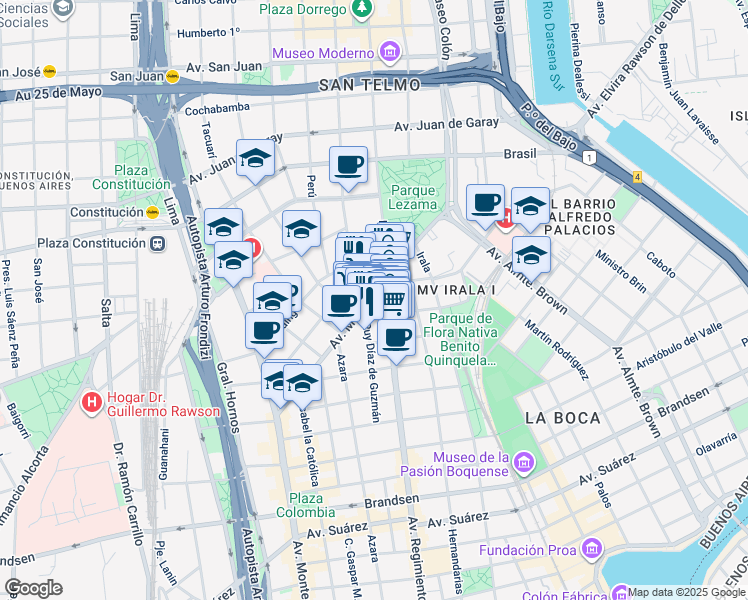 map of restaurants, bars, coffee shops, grocery stores, and more near 464 Avenida Martín García in Comuna 4