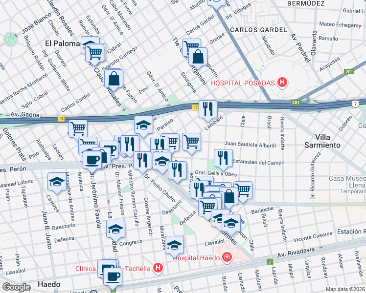 map of restaurants, bars, coffee shops, grocery stores, and more near 1200 Lambaré in El Palomar