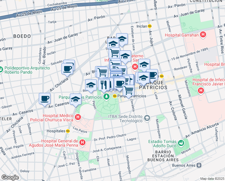 map of restaurants, bars, coffee shops, grocery stores, and more near 3039 Avenida Caseros in Buenos Aires