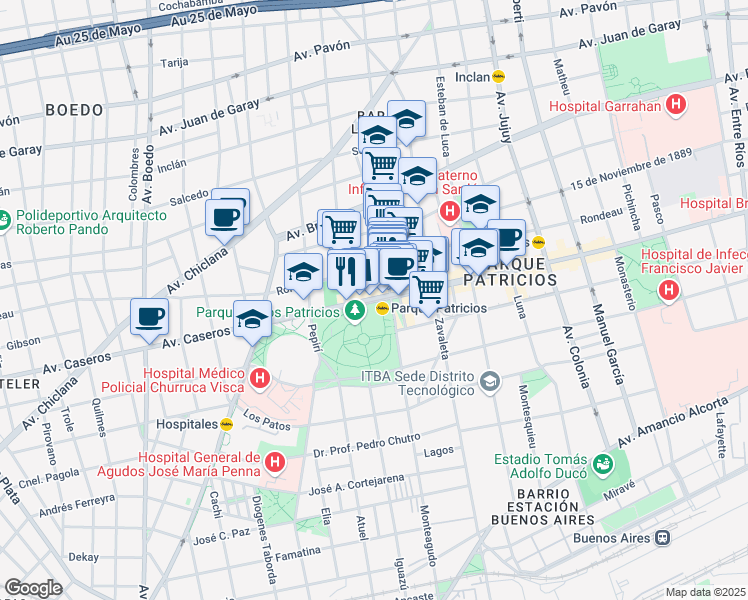 map of restaurants, bars, coffee shops, grocery stores, and more near 3039 Avenida Caseros in Buenos Aires