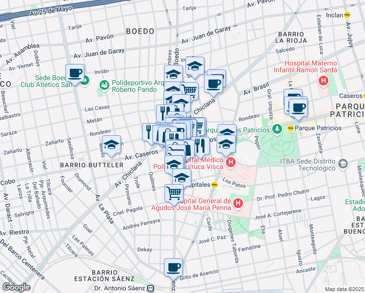map of restaurants, bars, coffee shops, grocery stores, and more near 3572 Avenida Caseros in AAR