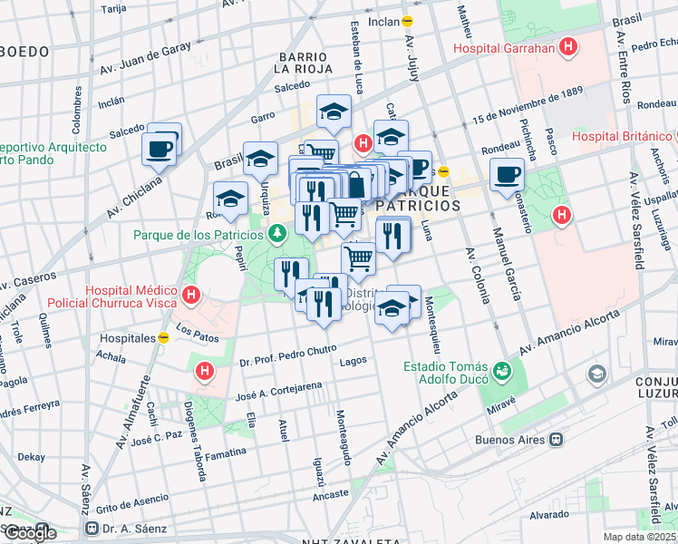 map of restaurants, bars, coffee shops, grocery stores, and more near 2953 Uspallata in Comuna 4