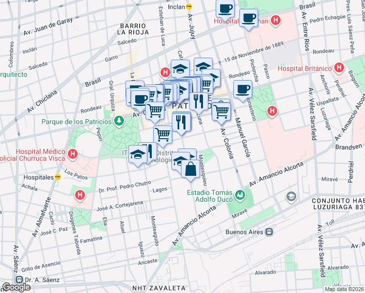 map of restaurants, bars, coffee shops, grocery stores, and more near 247 Lavardén in Buenos Aires