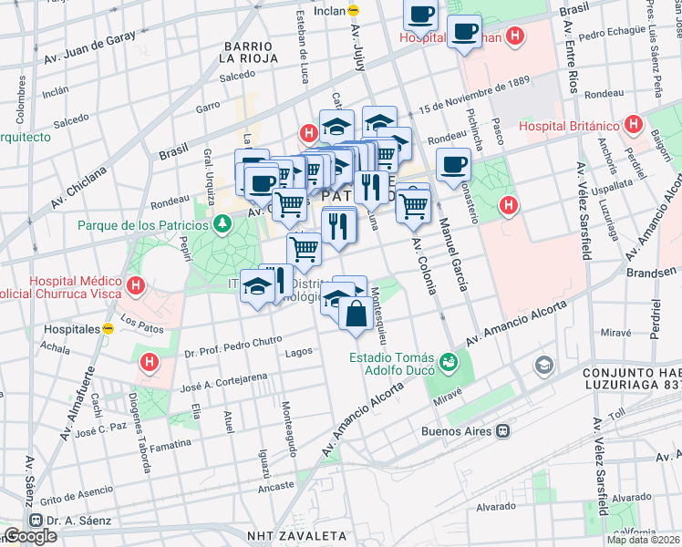 map of restaurants, bars, coffee shops, grocery stores, and more near 247 Lavardén in Buenos Aires