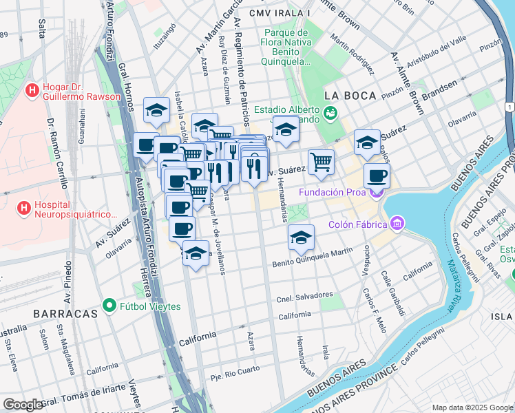 map of restaurants, bars, coffee shops, grocery stores, and more near Av Regimiento de Patricios in Buenos Aires