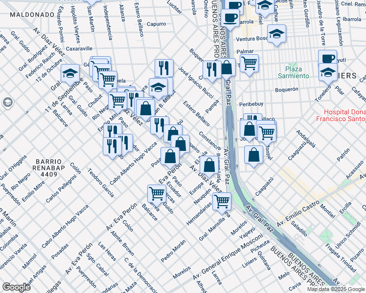 map of restaurants, bars, coffee shops, grocery stores, and more near 1226 Independencia in Ciudadela