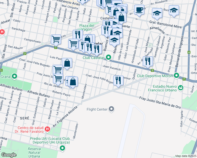 map of restaurants, bars, coffee shops, grocery stores, and more near 1107 Buenos Aires in Castelar
