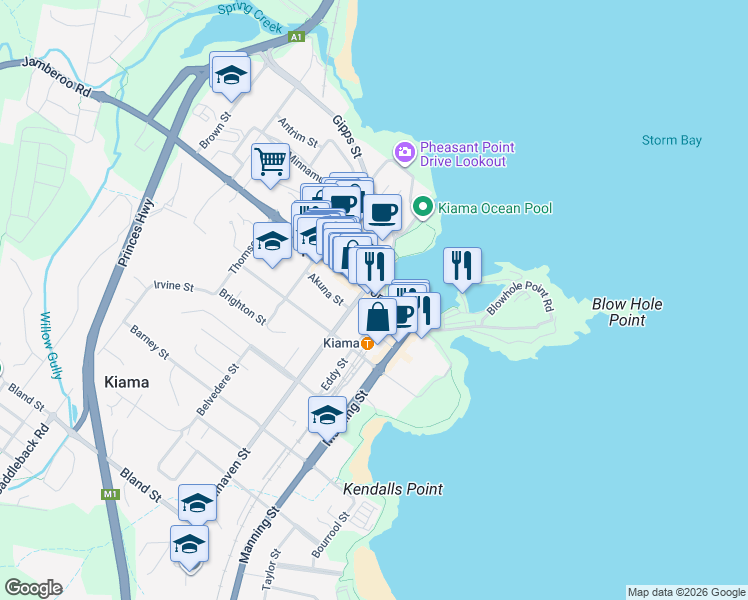 map of restaurants, bars, coffee shops, grocery stores, and more near 42 Terralong Street in Kiama