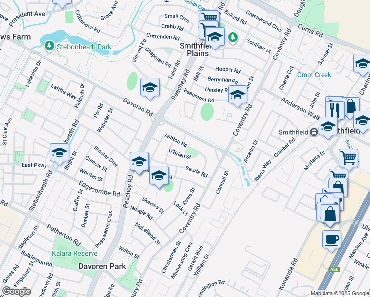 map of restaurants, bars, coffee shops, grocery stores, and more near 25 Ashton Road in Davoren Park
