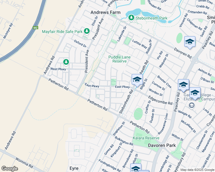 map of restaurants, bars, coffee shops, grocery stores, and more near East Parkway in Andrews Farm