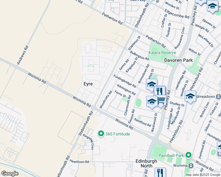 map of restaurants, bars, coffee shops, grocery stores, and more near 27 Woodcutts Road in Davoren Park