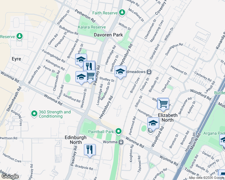 map of restaurants, bars, coffee shops, grocery stores, and more near 43 Heytesbury Road in Davoren Park