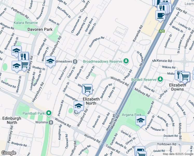 map of restaurants, bars, coffee shops, grocery stores, and more near 20 Breamore Street in Elizabeth North