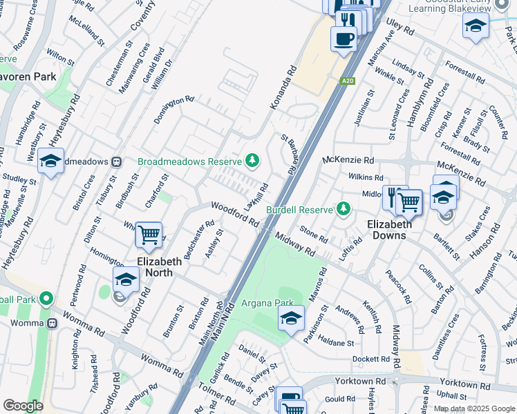 map of restaurants, bars, coffee shops, grocery stores, and more near 8 Larkhill Road in Elizabeth North