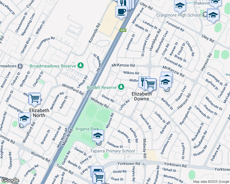 map of restaurants, bars, coffee shops, grocery stores, and more near 15 Turnbull Road in Elizabeth Downs