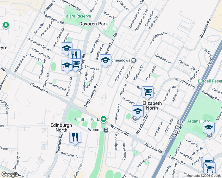 map of restaurants, bars, coffee shops, grocery stores, and more near 12 Bristol Crescent in Davoren Park