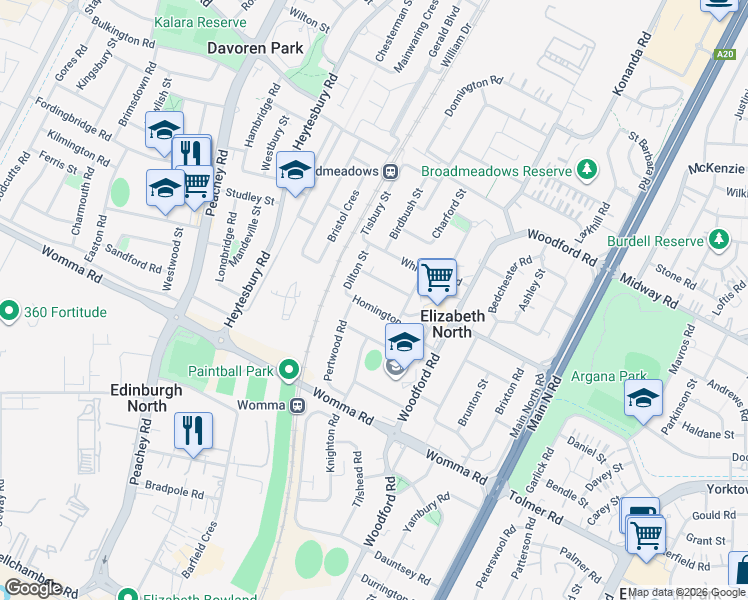 map of restaurants, bars, coffee shops, grocery stores, and more near 11 Homington Road in Elizabeth North
