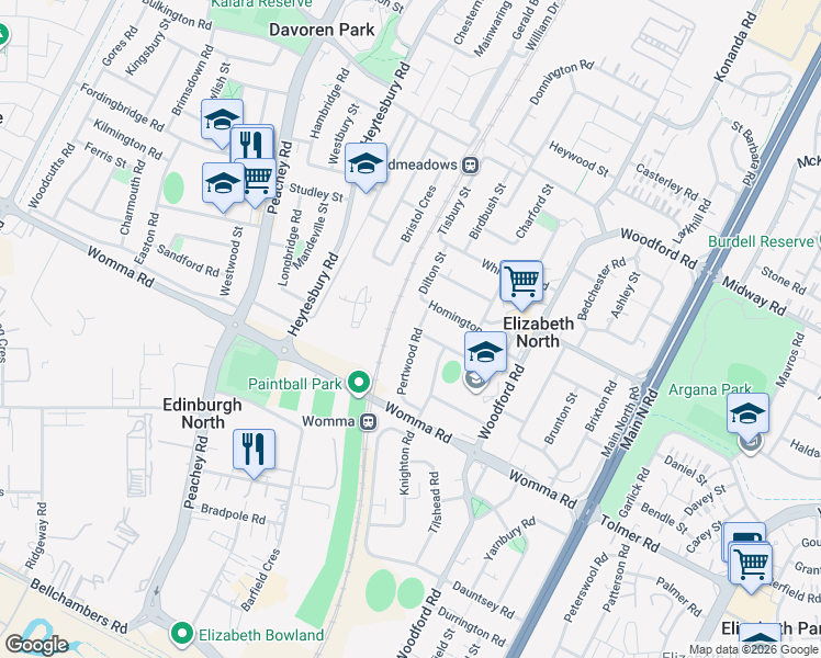 map of restaurants, bars, coffee shops, grocery stores, and more near 14 Pertwood Road in Elizabeth North