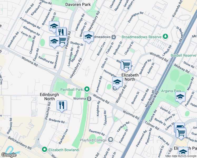 map of restaurants, bars, coffee shops, grocery stores, and more near 20 Pertwood Road in Elizabeth North